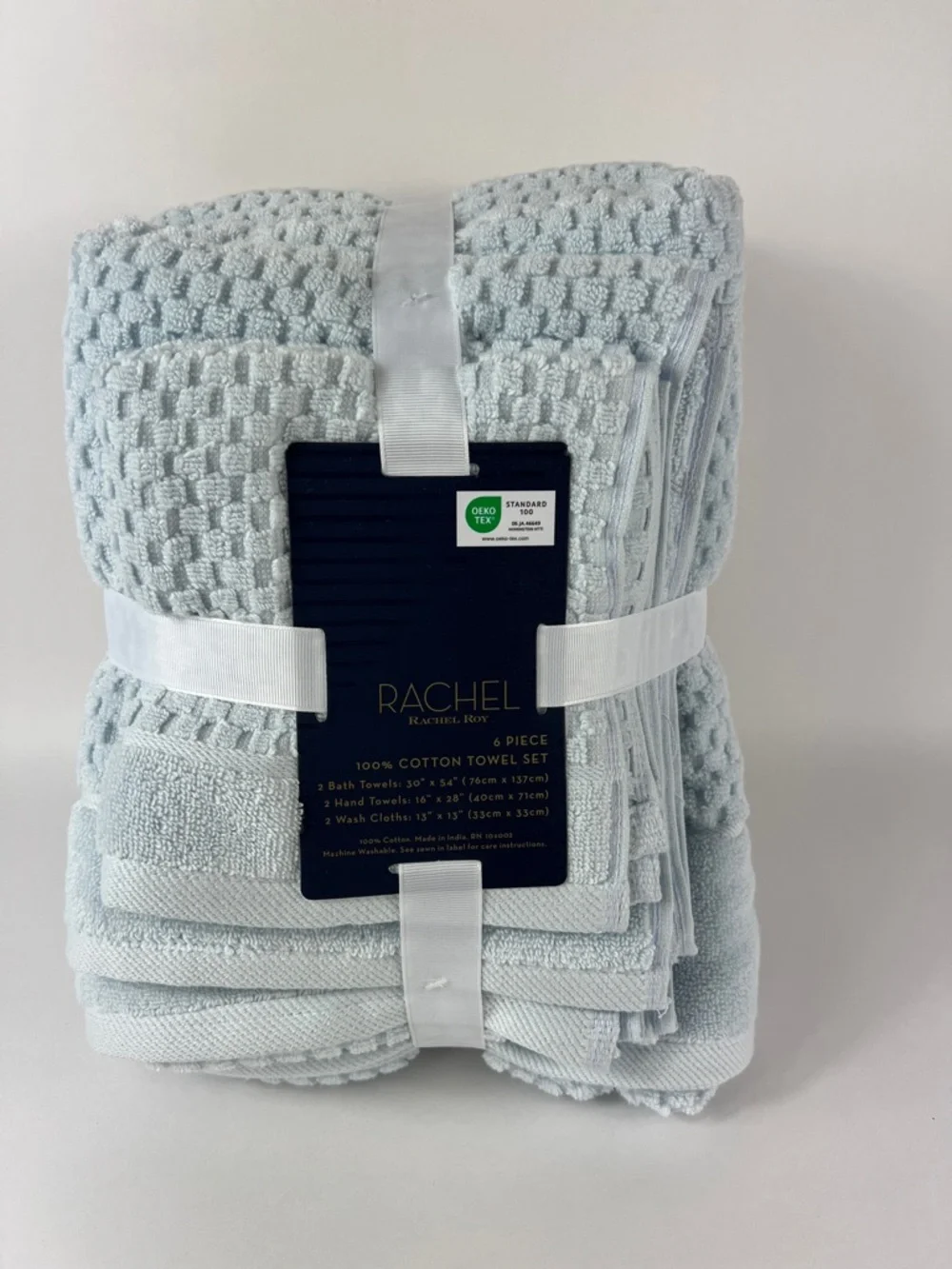 Rachel Roy Bath Towel Set Light Blue Soft 100% Cotton Textured Set of 6 NEW